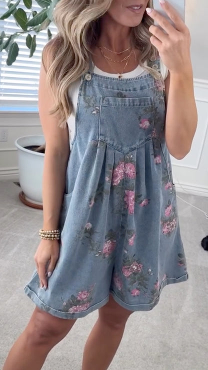 Retro Floral Denim Overall Shorts
