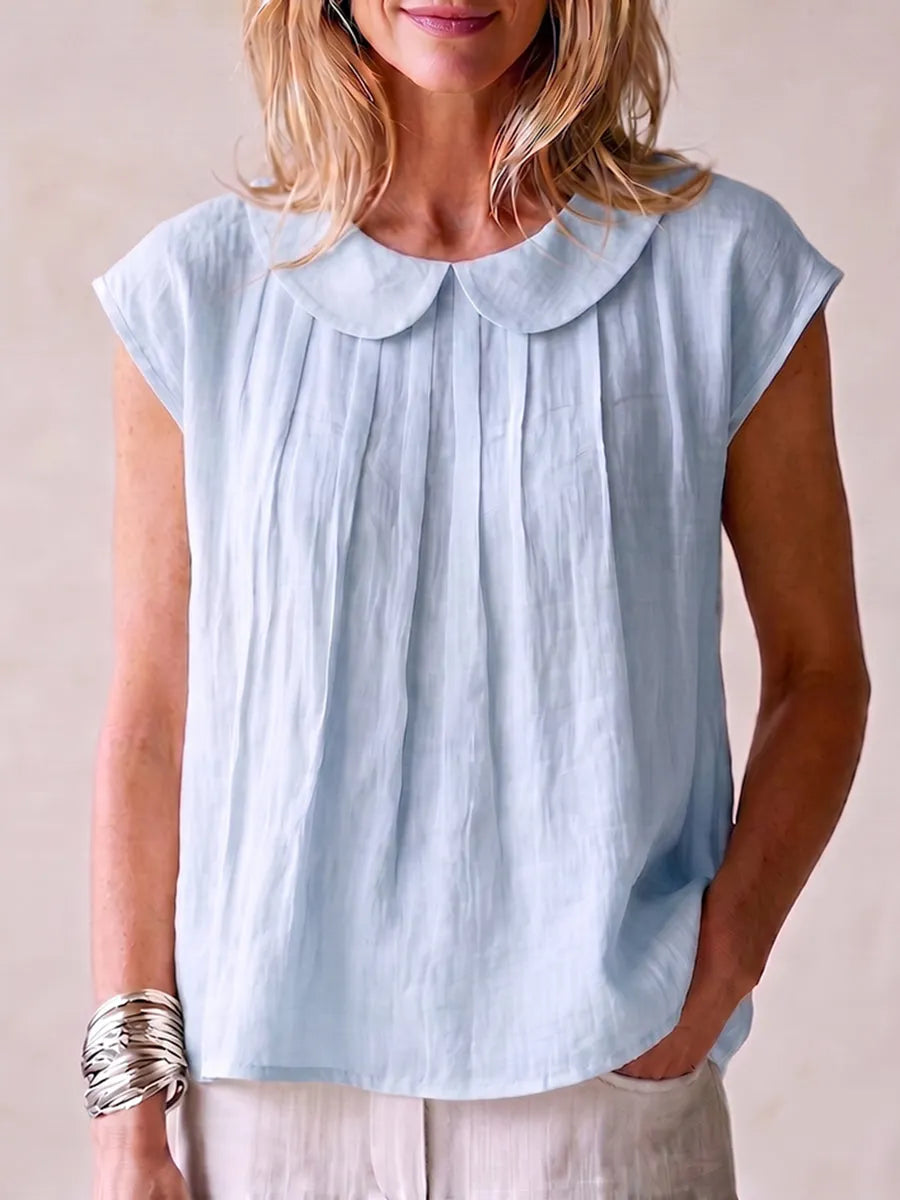 Classic Elegant Pleated Cotton-linen Shirt With Peter Pan Collar