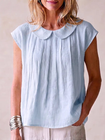 Classic Elegant Pleated Cotton-linen Shirt With Peter Pan Collar