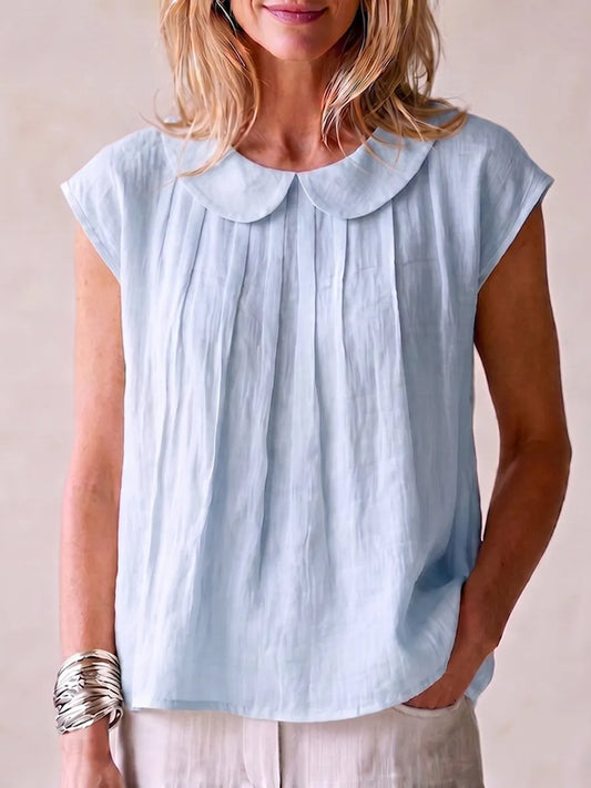 Classic Elegant Pleated Cotton-linen Shirt With Peter Pan Collar