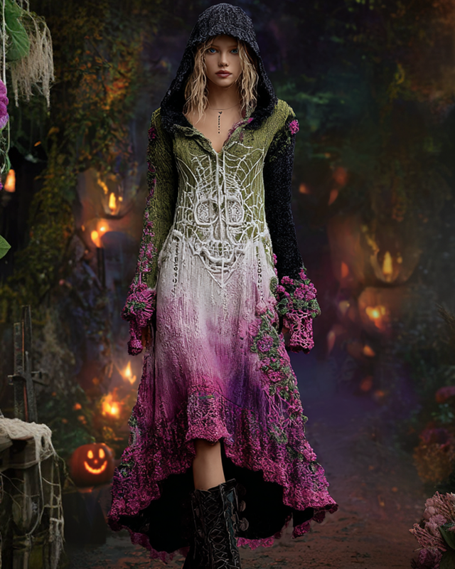 Halloween themed gradient irregular skull floral crochet knitted hooded dress 4980