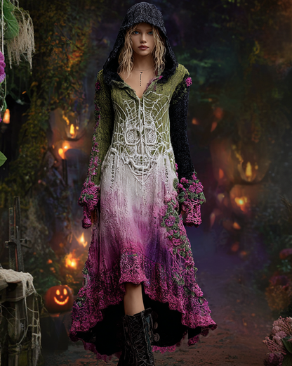 Halloween themed gradient irregular skull floral crochet knitted hooded dress 4980