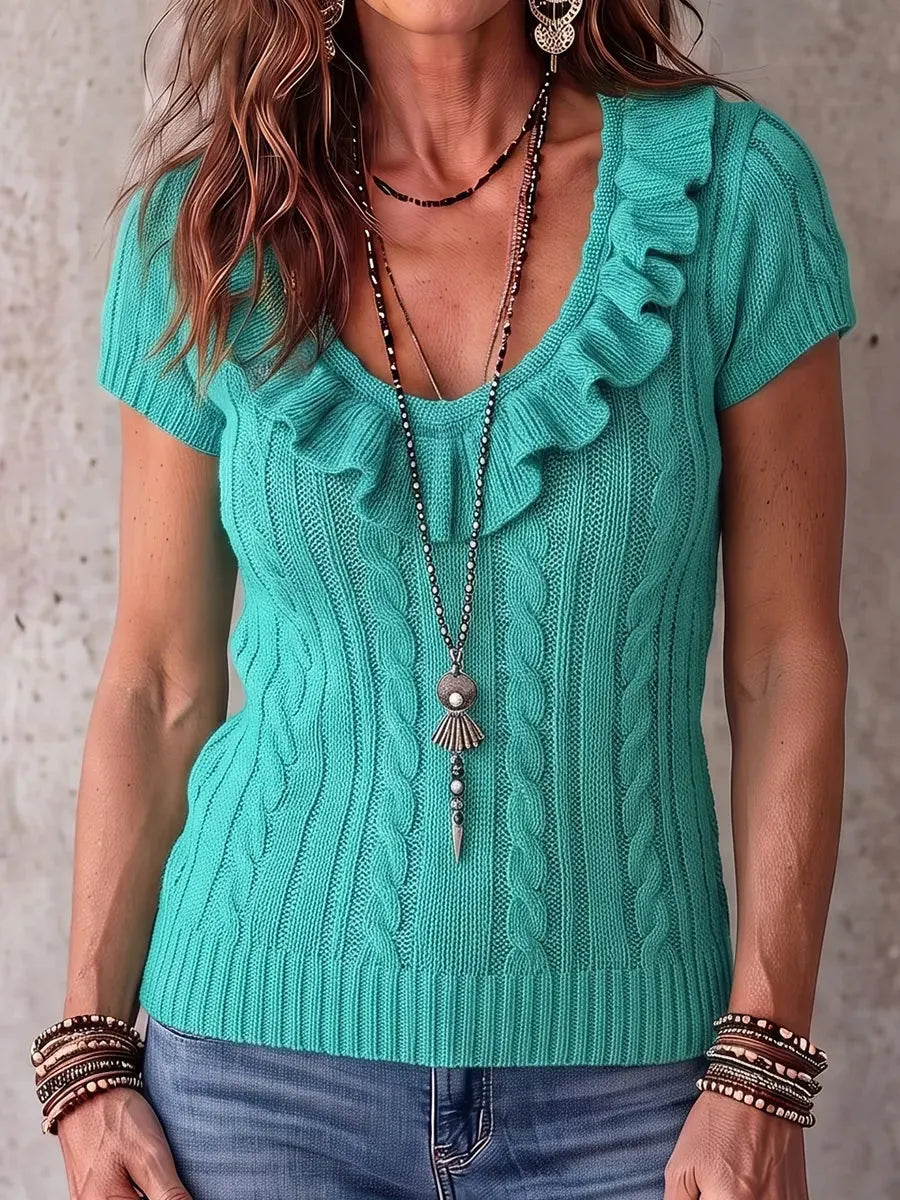 Boho-Chic Turquoise Cable-Knit Ruffled V-Neck Top