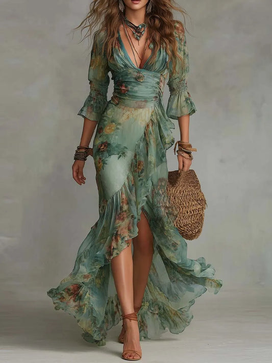 Grass Green Chiffon Irregular Ruffled Slit Maxi Dress