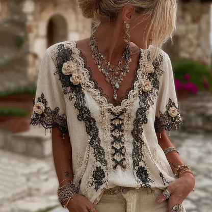 Women's Vintage Halloween Gothic Floral Embroidery Art V-neck Short Sleeve T-shirt