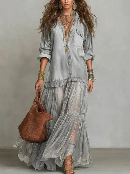 Blue Faux Denim Shirt Collar With Sheer Pockets Maxi Dress