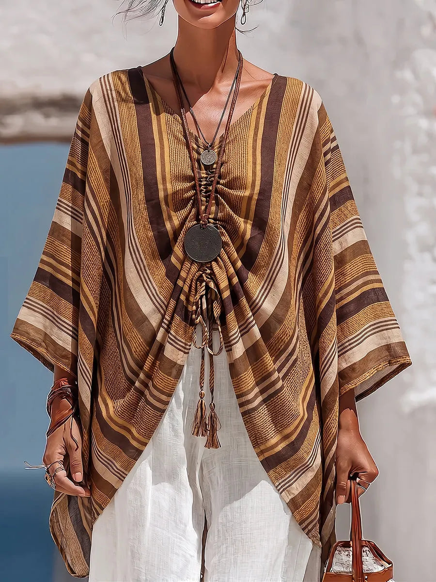 Boho-chic Style Striped Poncho Blouse