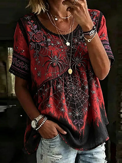 Women's Halloween Spider And Rose Art Lace Embroidery Gradient Cotton Linen Round Neck Short Sleeve Top