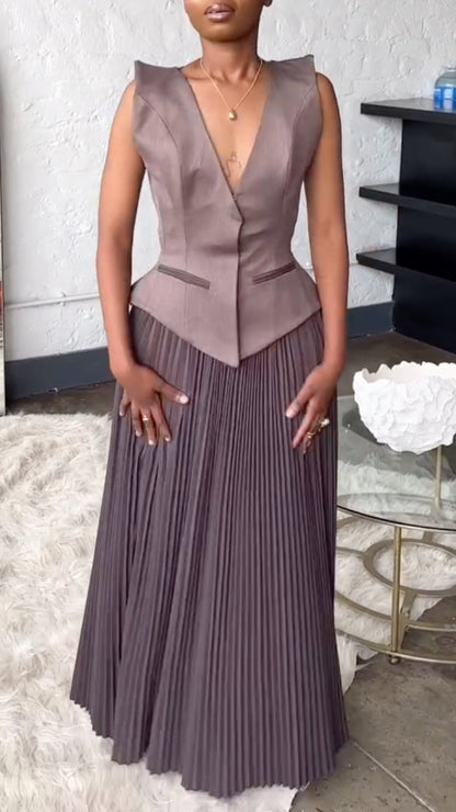 Women's V-Neck Vest-Style Spliced Pleated Dress