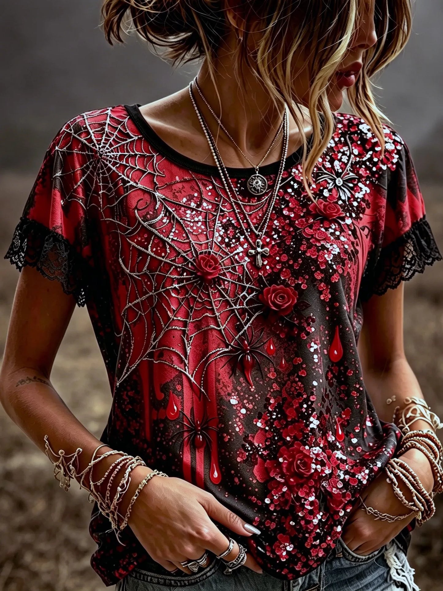 Women's Retro Halloween Style Rose And Spider Embroidery Sequin Print Top