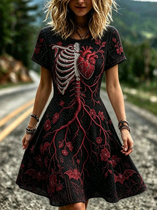 Women's Retro Halloween Skull Heart Bloodline Pattern Round Neck Short Sleeve Dress