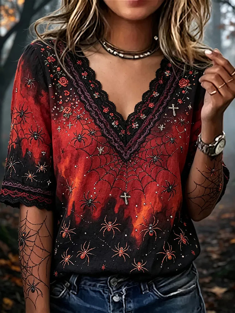 Women's Vintage Halloween Spider And Floral Lace Art Gradient V-neck Short Sleeve Top