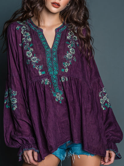 Women's Casual Floral Embroidered Art Print Flowy Linen Blend Tunic