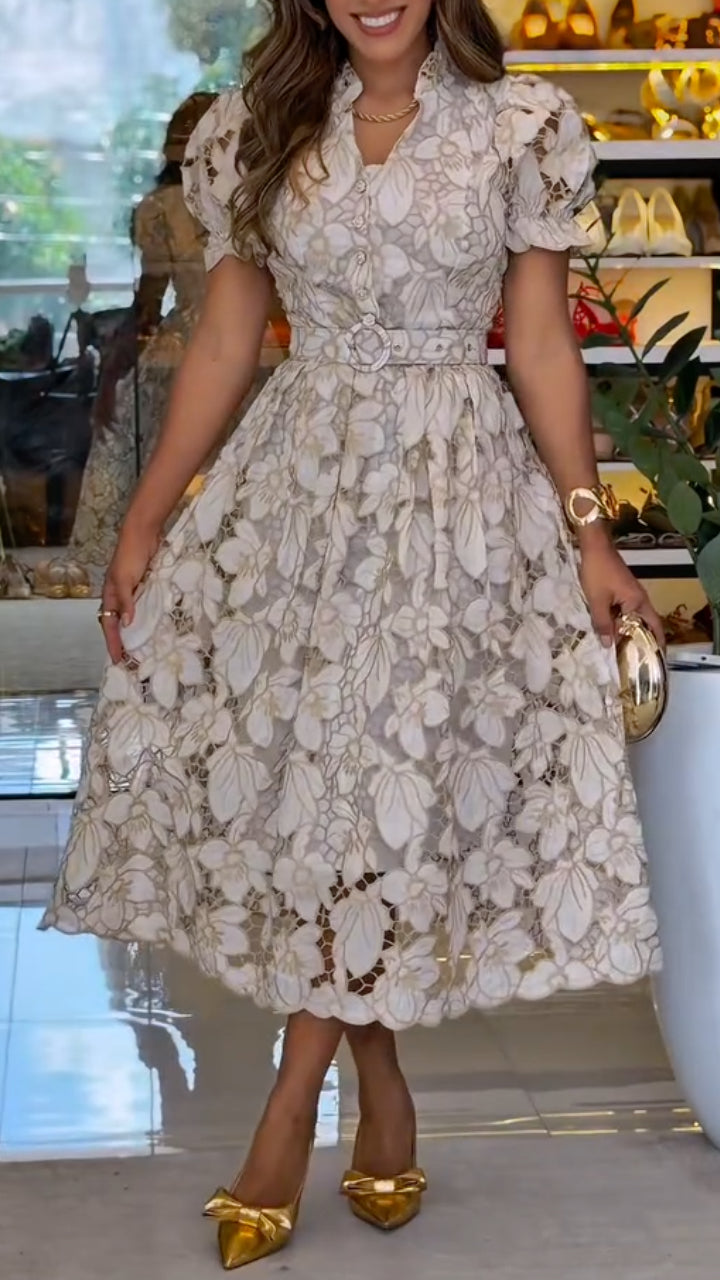 lush Pink 3D Floral Lace Belted Midi Dress
