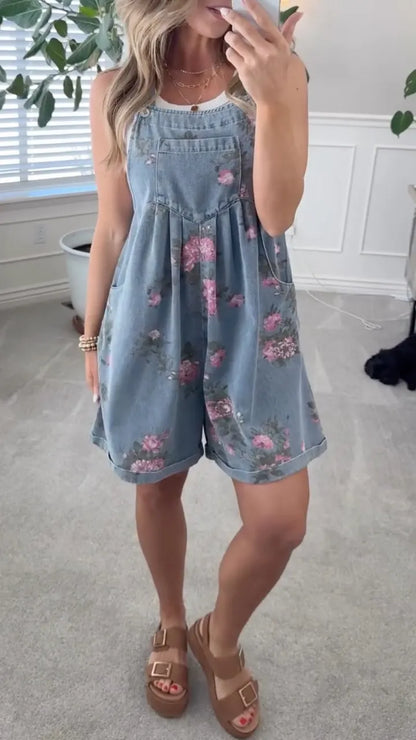 Retro Floral Denim Overall Shorts