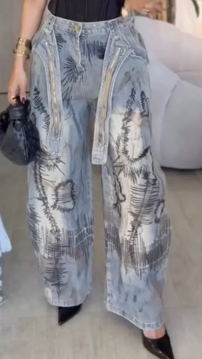 Graphic Print Wide Leg Denim Pants