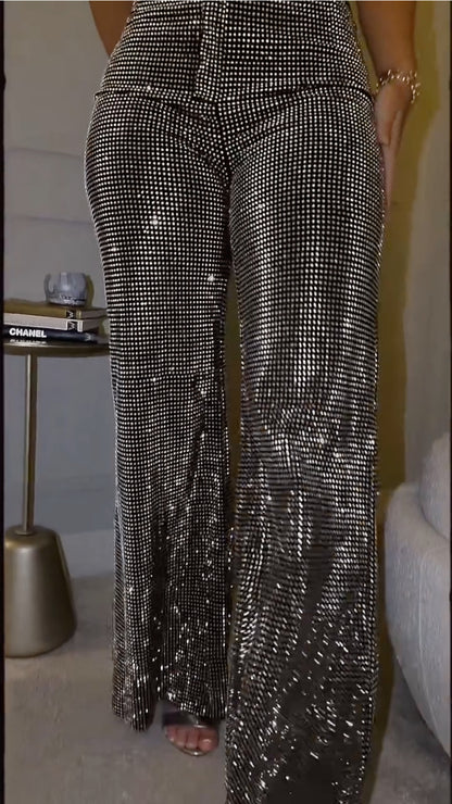 Rhinestone‑Embellished Flare Pants