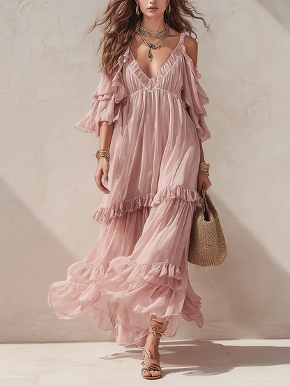 Romantic Pink Off-shoulder Layered Ruffle Flowing Maxi Dress