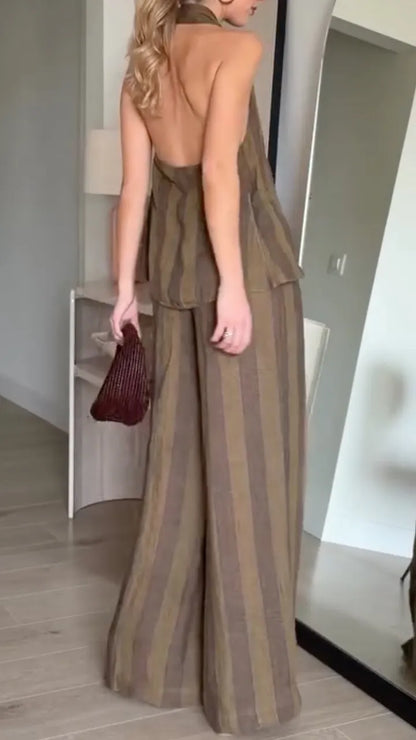 Olive Green Striped Linen Halter Neck 2 Piece Set