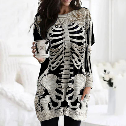 Women's Halloween Skeleton Bones With Rose Art Cozy Knit Turtleneck Mini Sweater Dress