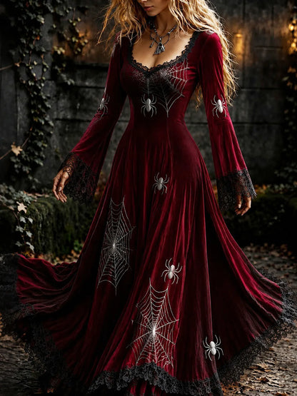 Women's Retro Gothic Spider Web Pattern Maxi Halloween Dress
