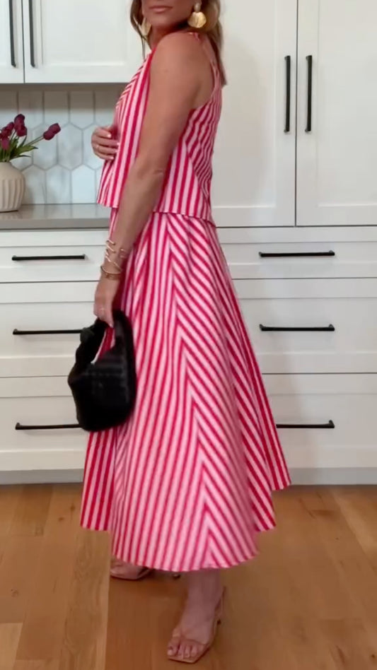 Stripe Sleeveless Two Piece Midi Skirt Set