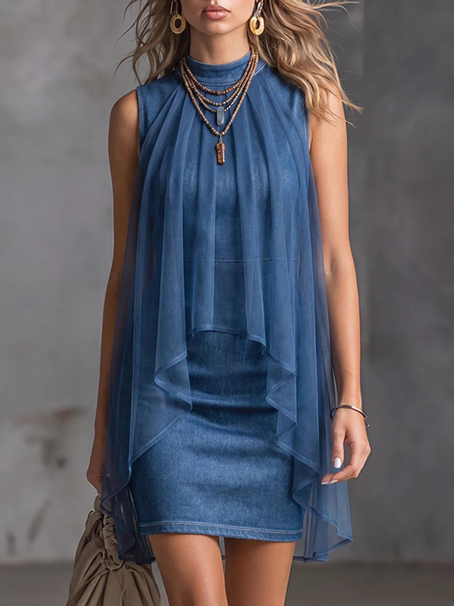 Women's Stand-collar Sleeveless Casual Slim-fit Denim Dress With Chiffon Paneling