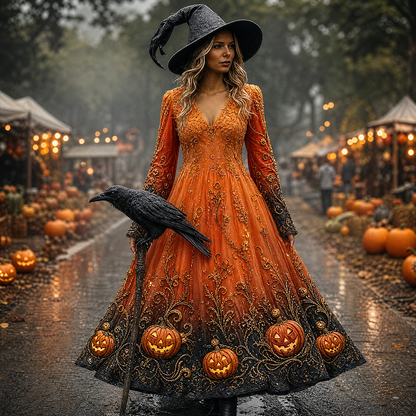 Women’s Pumpkin Embroidered Halloween Party Maxi Dress