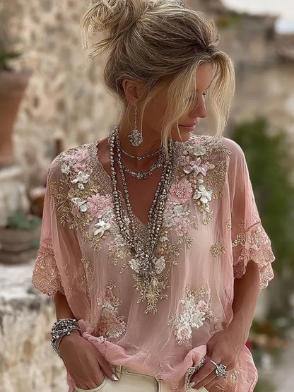 Women's Pink Flower Embroidery Art V-neck Short Sleeve T-shirt