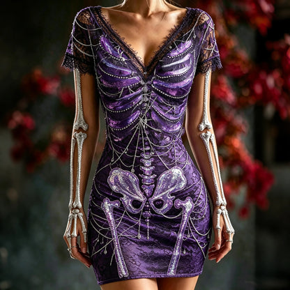Women's Halloween Purple Skeleton And Spiderweb Pattern Casual Bodycon Dress