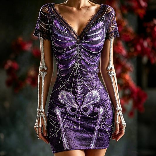 Women's Halloween Purple Skeleton And Spiderweb Pattern Casual Bodycon Dress