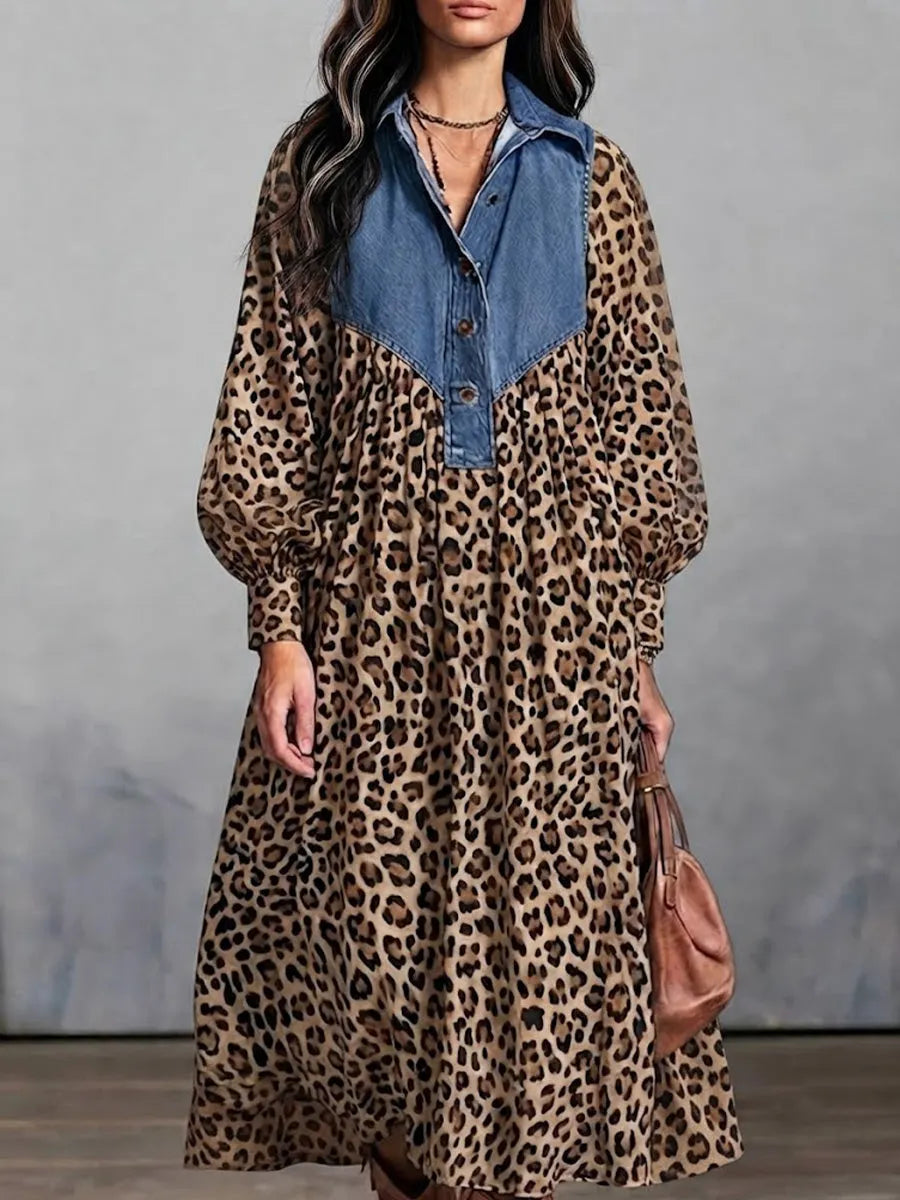 Washed Denim Splice Lapel Half Placket Lantern Long Sleeve Leopard Gathered Loose Maxi Shirt Dress