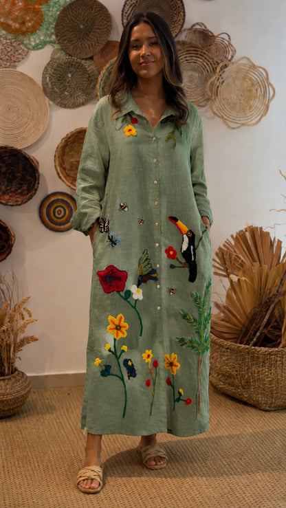 Floral & Bird Embroidered Linen Shirt Midi Dress