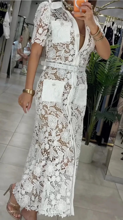 White Floral Lace Belted Shirt Midi Dress