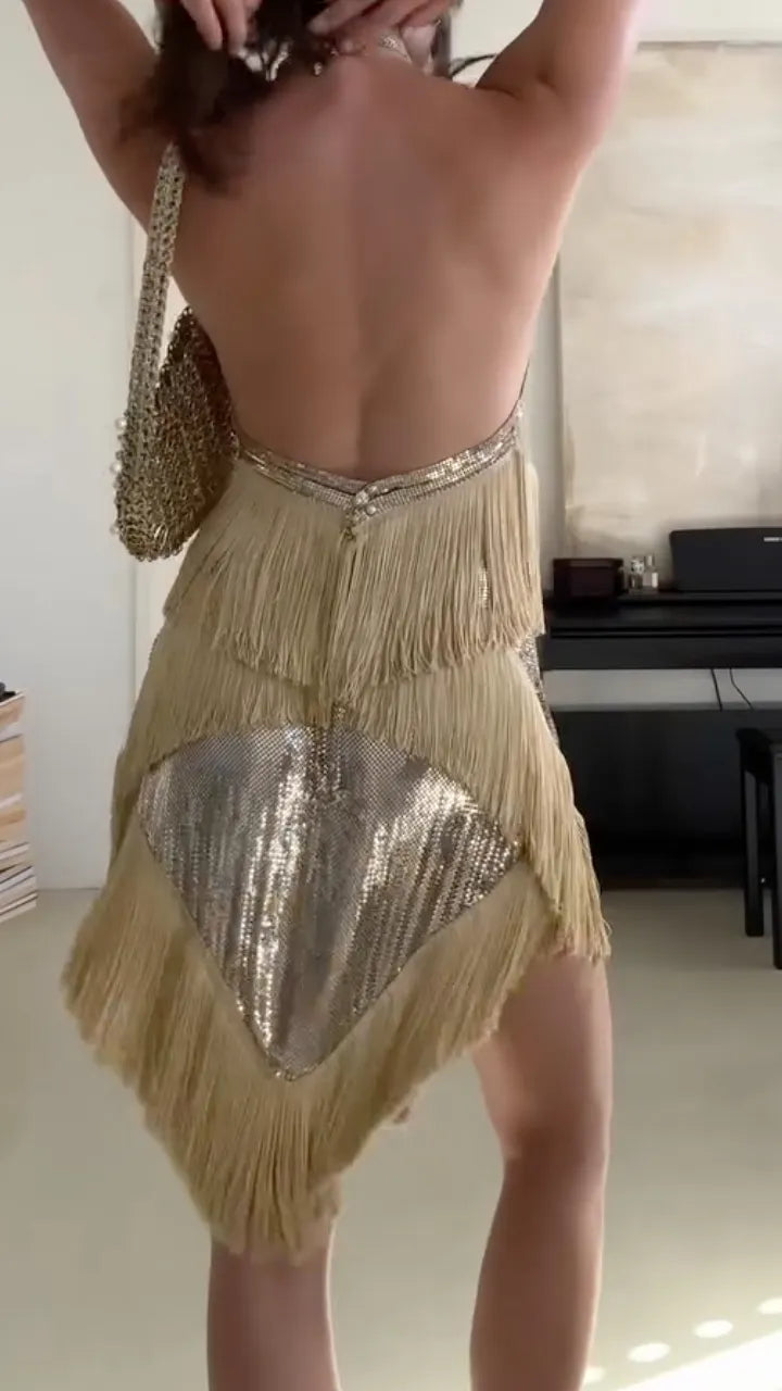 Gold Silver Sequin Fringe Halter Neck 2 Piece Set