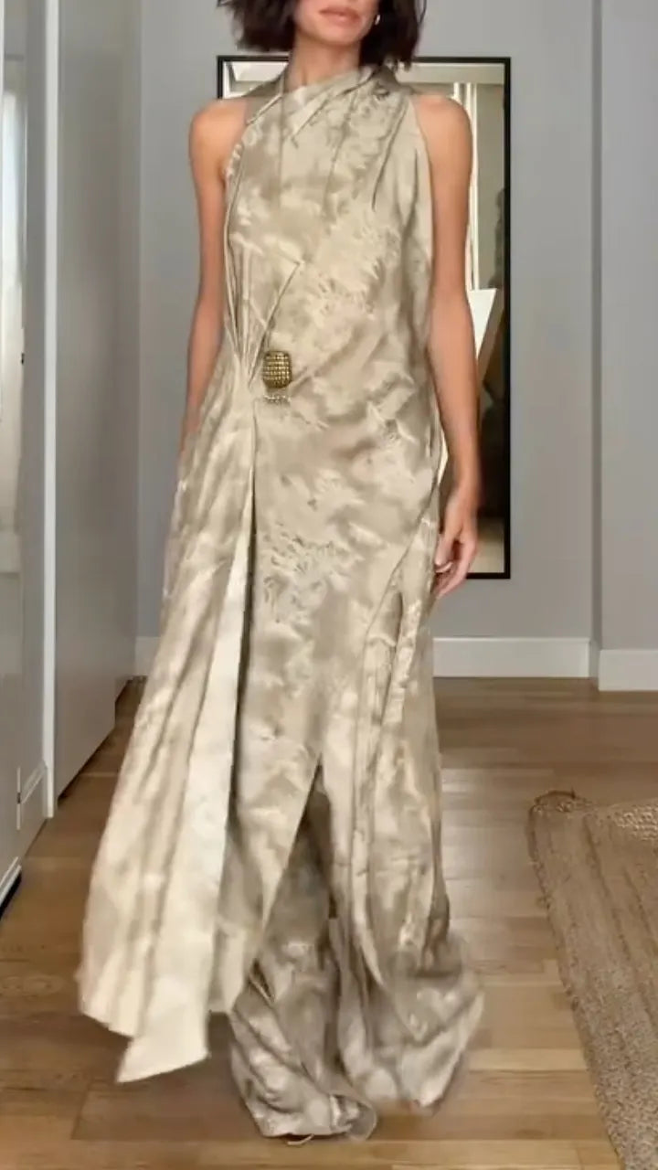 Taupe Satin Halter Neck Draped Wide Leg Pants Set