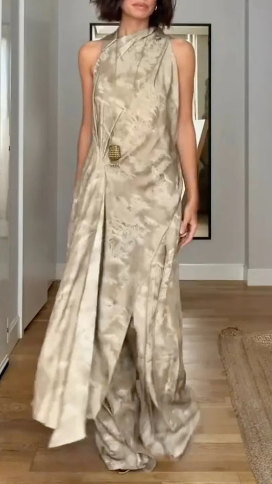 Taupe Satin Halter Neck Draped Wide Leg Pants Set