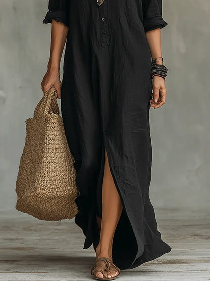 Black Button-down Front-opening Loose-fitting Shirt Maxi Dress