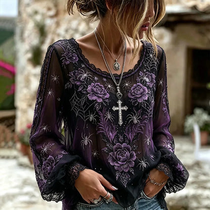 Women's Halloween Spider And Floral Art Lightweight Crewneck Long Sleeve Top
