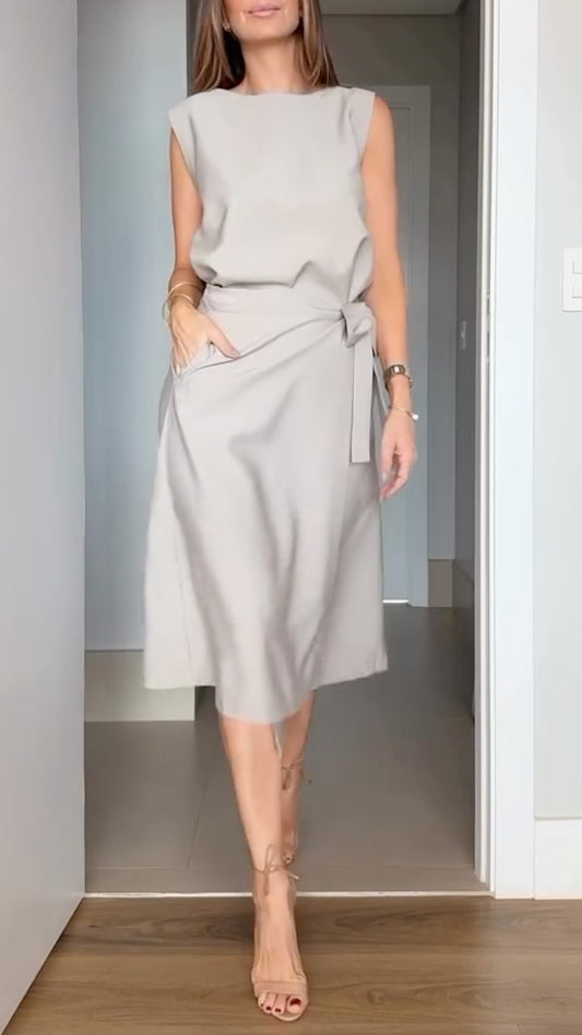 Light Gray Sleeveless Wrap Top Midi Skirt Set