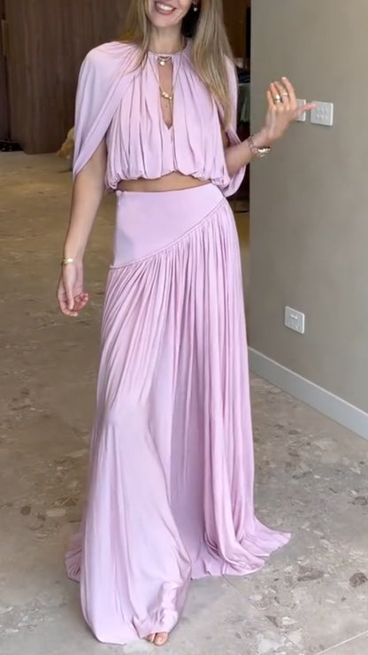 Halter Neck Crop Top & Asymmetrical Pleated Maxi Skirt Set