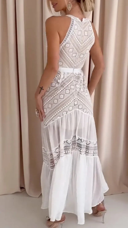 White Geometric Lace Halter Maxi Dress