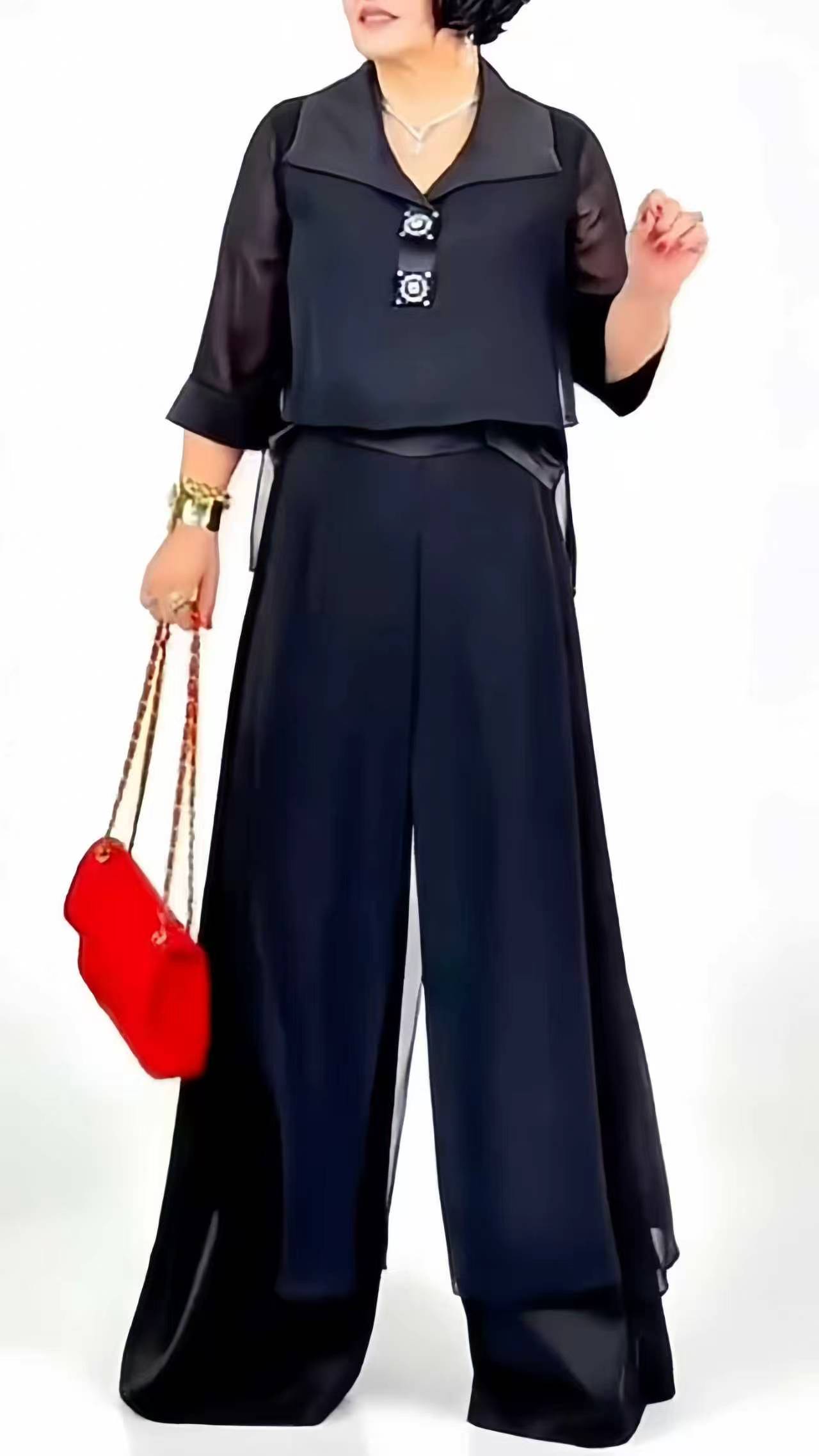 Women's Lapel Chiffon Top & Flowy Wide-Leg Pants Casual Set