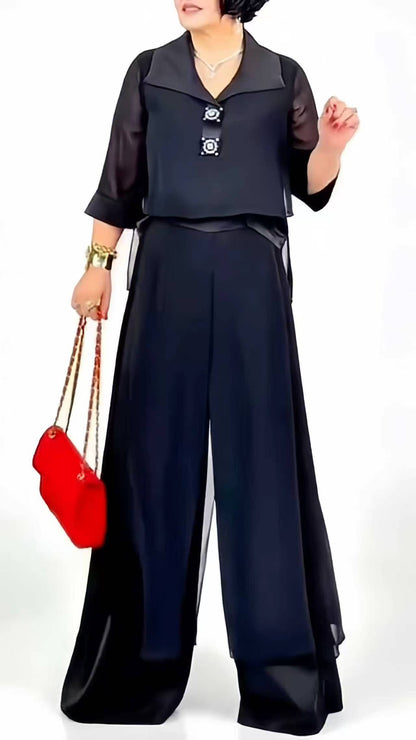 Women's Lapel Chiffon Top & Flowy Wide-Leg Pants Casual Set