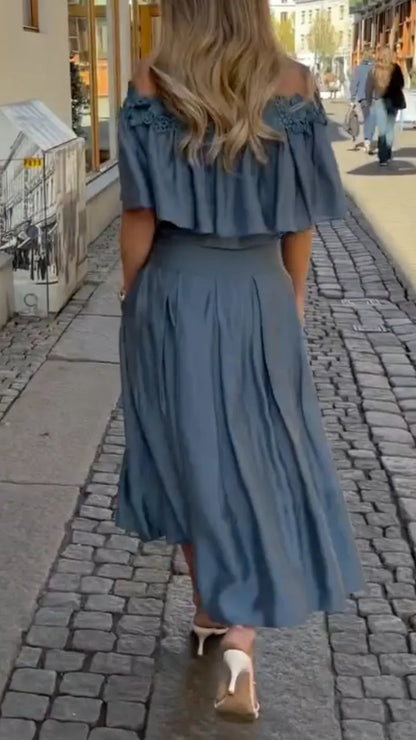Slate Blue Off-Shoulder Two-Piece Set