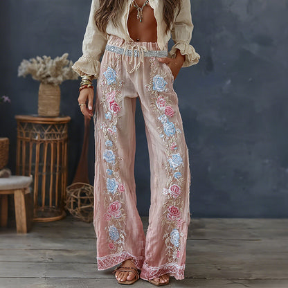 Women's Vintage Spring Floral Embroidered Art Print Flowy Linen Blend Casual Pants