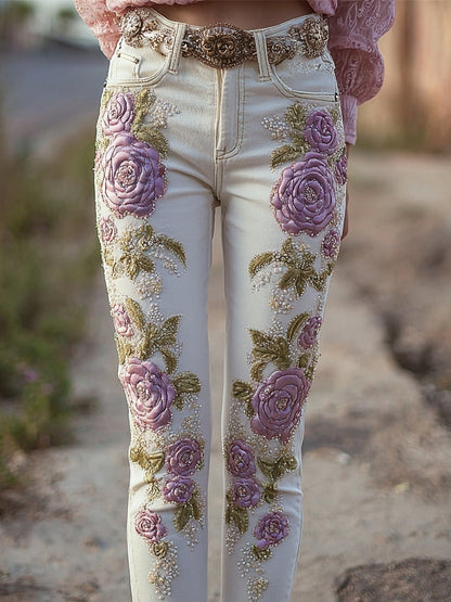 Vintage Purple Roses Embroidered White Skinny Jeans