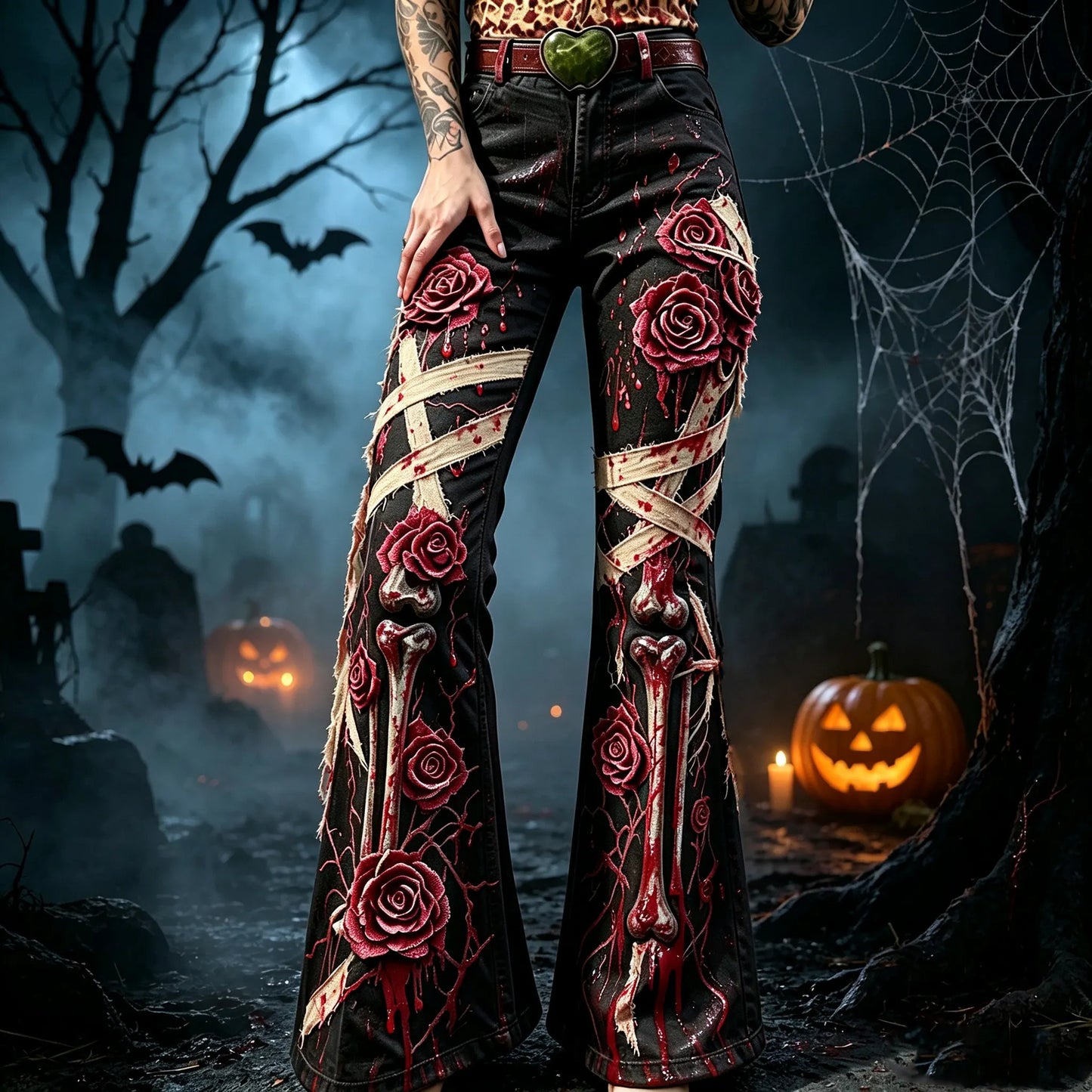 Women's Retro Halloween Style Rose And Bone Print Trousers