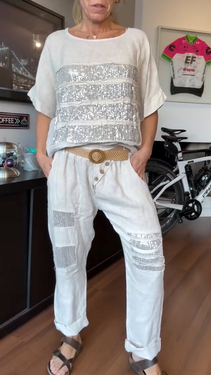 Women's Sequin-Striped Linen Top + Sequin-Patch Casual Pants Set