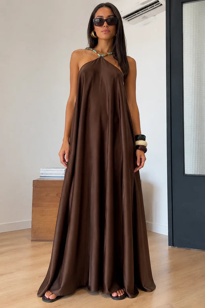 Halter Satin Flowy Maxi Dress